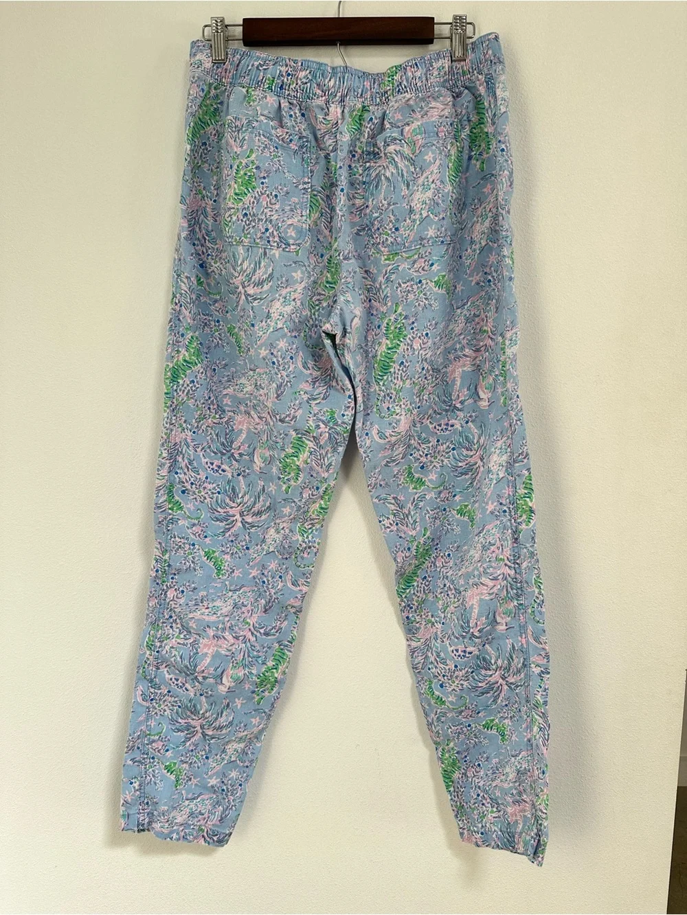 Lilly Pulitzer Taron Pants Women’s Large 100% Linen Blue Tropical Beach Print